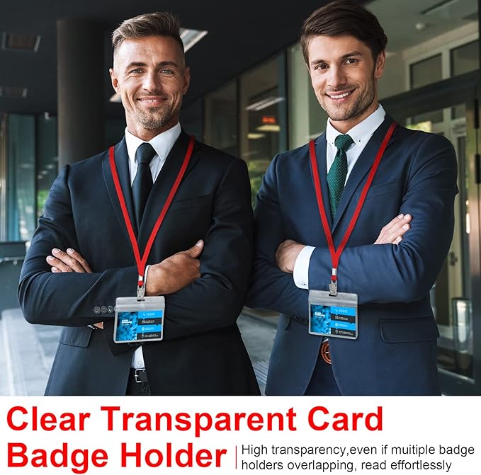 Marspark 100 Sets Clear Name Tags with Lanyard, Lanyards for ID Badges Reusable Strap with ID Holder Plastic Name Badges for Adults Business School Church Conference (Red)