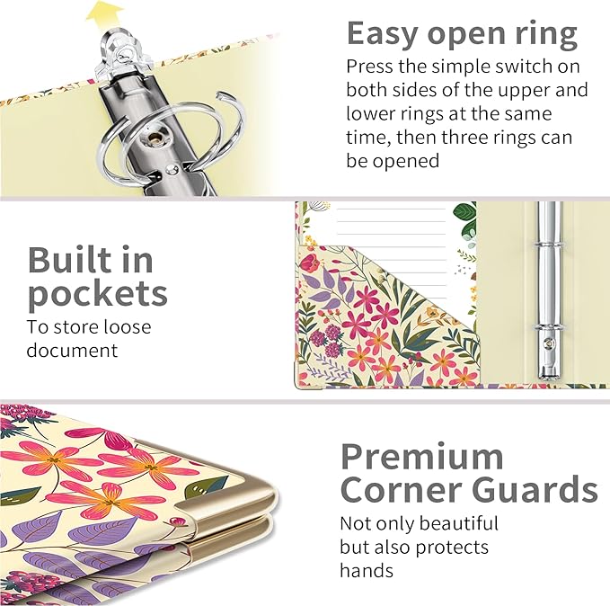 Ospelelf Mini 3 Ring Binder, 1 Inch, Cute Floral Binder for 5.5" x 8.5" with 5 Tab Dividers, File Folder Labels and Low Profile Clipboards