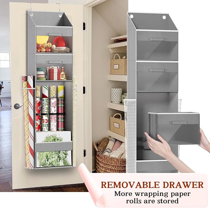 Ofiray-home Light Grey Over Door Wrapping Paper Organizer Storage with 3 Removable Drawers & Side Pockets –Dual Use Design with Elastic Straps Wrap Storage for Ribbons,Bows,Ornament and Other Tools
