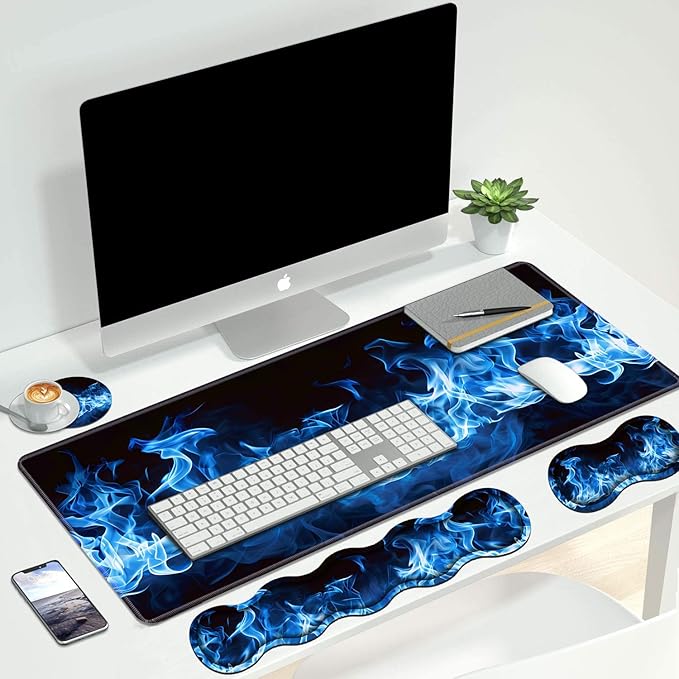 4 in 1 Ergonomic Keyboard Wrist Rest & Mouse Pad Wrist Rest Set, Large XXL Gaming Desk Mat 31.5"x 11.8" with Non-Slip Base, Memory Foam for Home Office Study Gaming, Blue Flame