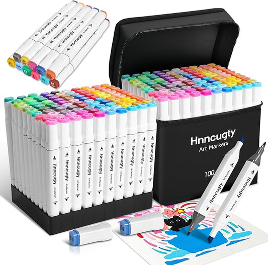 Alcohol Markers 100 Colors, Dual Tips Coloring Art Markers Set with Case & Holders, Chisel & Fine Artist Sketch Pens Art Supplies for Kids Adult Coloring Books, Drawing, Painting, Sketching