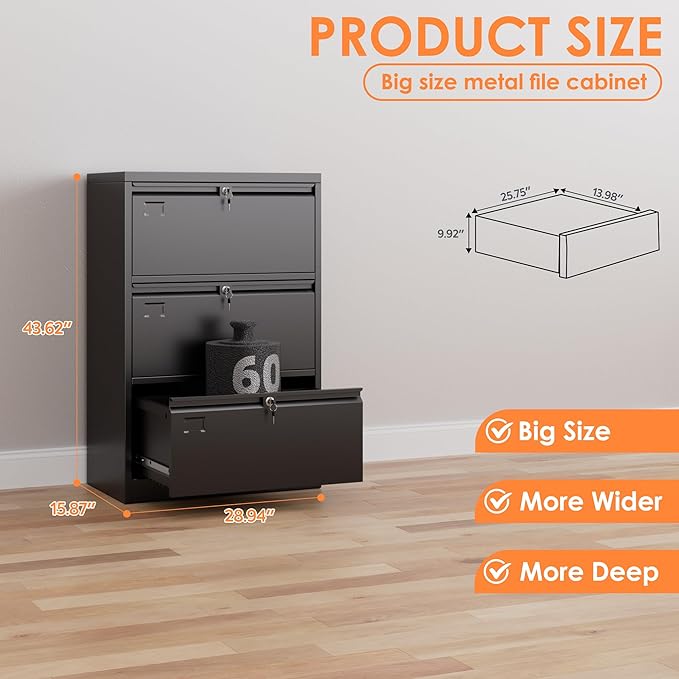 METAN Upgrade Metal 3 Drawer Lateral Files Cabinet for Home Office, Lockable Steel Wide File Storage Cabinet for Hanging Legal/Letter A4 Size, Assembly Required, Black
