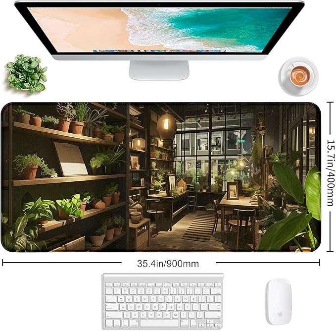 Lndoor Green Plant Expansion Desk Mat, Flower Plant Large Gaming Mouse Mat XXL Laptop Mouse Keyboard Mat 35.4 x 15.7-Inch Office Desk Decoration