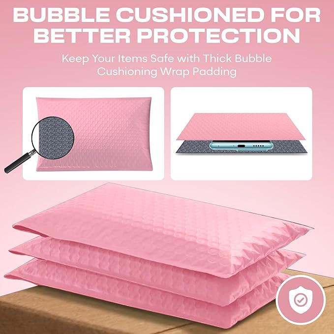 Light Pink 10.5x16 Inch Large Poly Bubble Mailers #5 | Padded Envelopes with Self Seal | Air Lined Cushioned Bubble Mailer | Usable Size 10.5x15 | 200 Pack Bulk | Lightweight shipping Bags