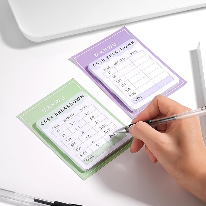 MANWU 2pcs Cash Breakdown Teller Sticky Note Tracker Memo Pad for Budget Planner Journey,Bank Teller Slip Notepad Cash Envelope System Accessory Cash withdraws for budgeting Savings Challenge