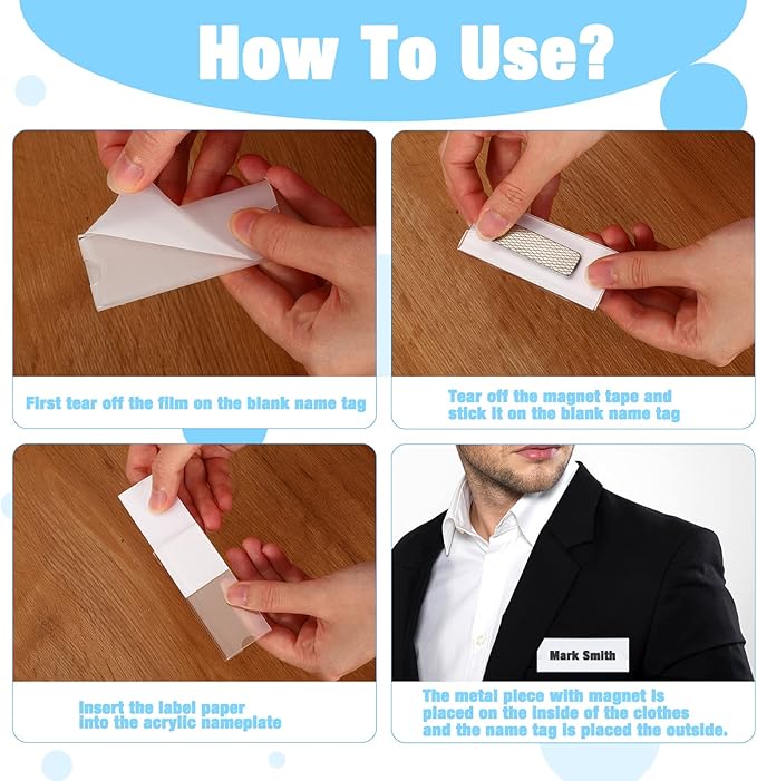 20 Pieces Magnetic Name Tags Kit Acrylic Name Badge Holders Clear Label Holders with Blank Printable Paper Inserts Magnets Custom Identity for Office