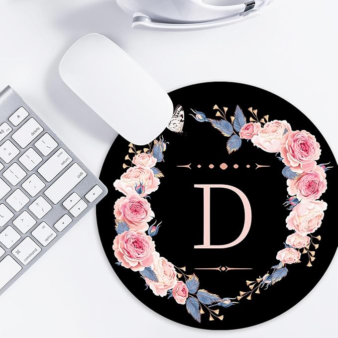 Letter D Black and Pink Flowers Round Mouse Pad, Funny Small Mouse Mat with Non-Slip Rubber Base, Home Office Decor Desk Accessory, 8.7inch Round
