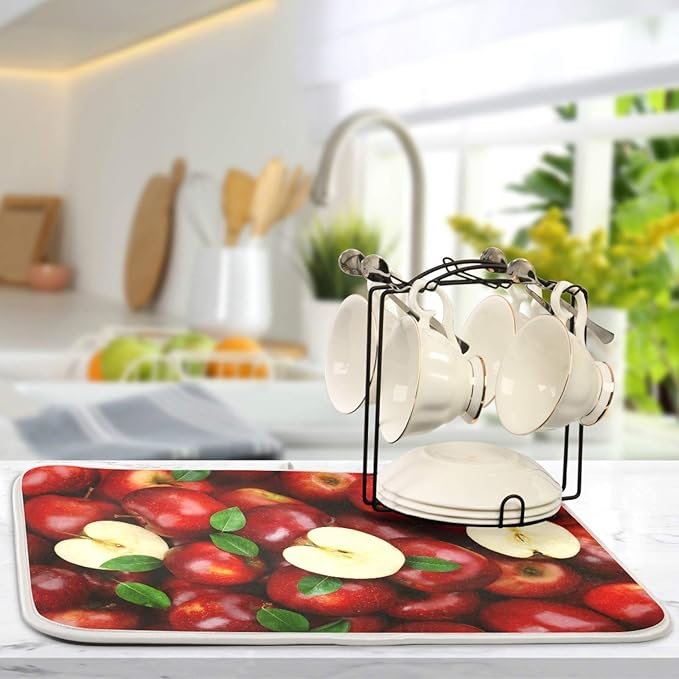 Leaves Red Apples Dish Drying Mat 16 X 18 Inch Natural Fresh Fruits Dry Dishes Pads Tableware Mats Absorbent Microfiber Protector for Kitchen Countertops Counter Home Decorations