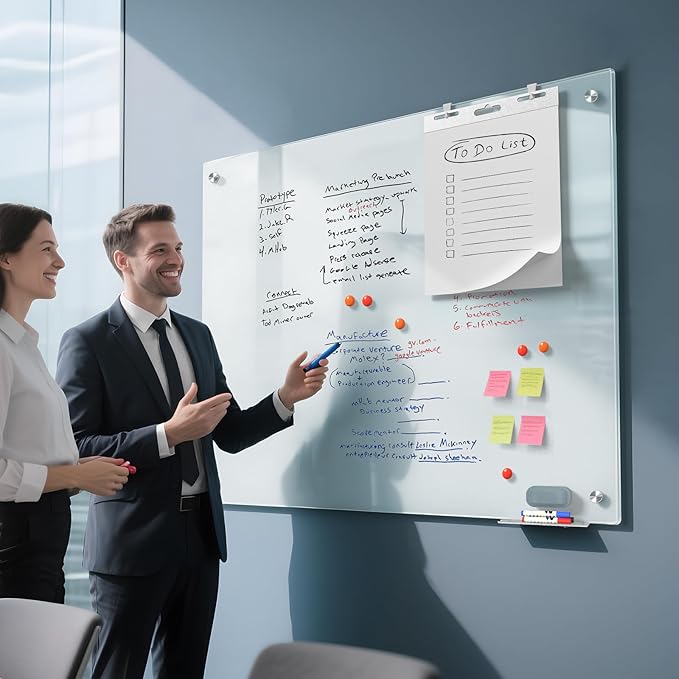 MaxGear Glass White Board 48x36 Inches, Wall Mounted Magnetic Glass Dry Erase Board, Large Frameless Whiteboard with 1 Eraser,3 Markers and 6 Magnets for Office, School, Home