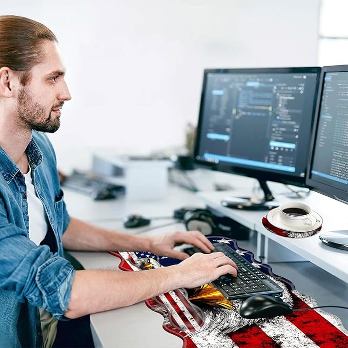 Large Mouse Pad and Keyboard Wrist Rest, Desk Pad for Keyboard and Mouse, 4-in-1 Large Gaming Mouse Pad with Wrist Support, Desk Mat for Home Office Study Game-Bald Eagle American Flag