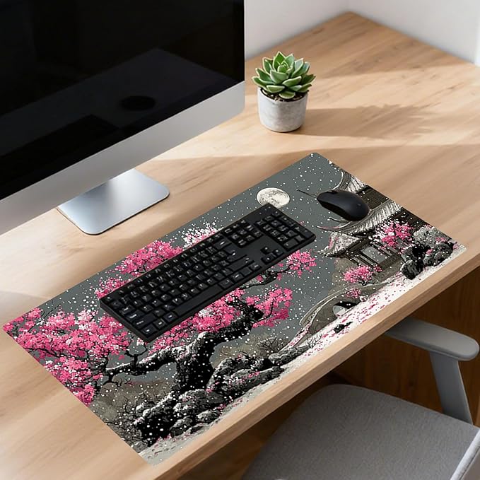 Nuxovilar Professional Large Mouse Pad & Computer Game Mouse Mat (35.4x15.7IN, Japanese Cherry Blossom & Moon Art) (90 * 40cm Japanese Cherry Blossom)