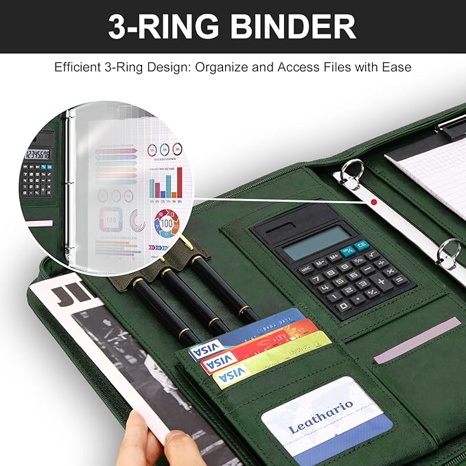 Leathario Portfolio Binder, 3-Ring Folder Organizer, Includes 5 Sheet Protectors and a Pen, Vegan Leather A4 Padfolio for Tablets, Business Conferences Professional Document Organizer, Office Supplies