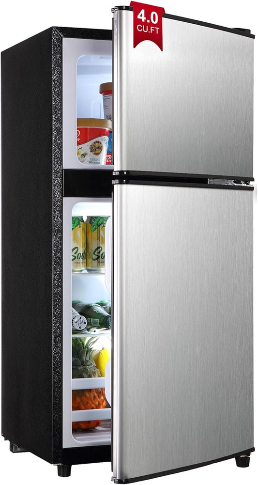 Mini Fridge with Freezer, 4.0 Cu. Ft. Double-Door Mini Refrigerator with 7-Level Adjustable Thermostat & Adjustable Glass Shelves, Compact Dorm Fridge 37 dB Low Noise for Bedroom, Apartment, Silver