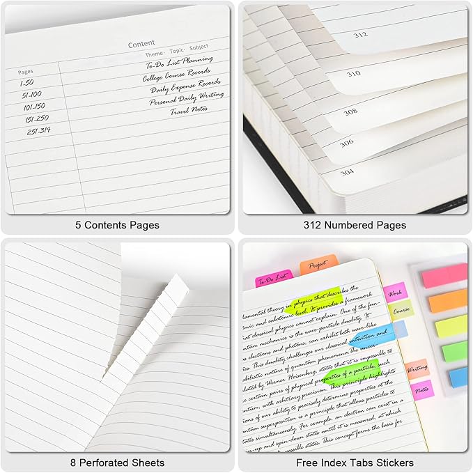 Lined Journal Notebook, Large A5 College Ruled Notebook, 312 Numbered Pages Work Notebook with Index Stickers, 100gsm Thick Paper, Hardcover Vegan Leather Journal for Women Men School Office, Black