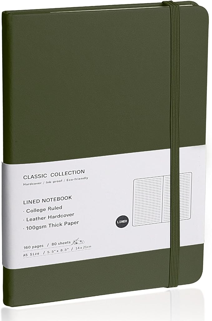 Lined Journal Notebook, (Olive Green), 160 Pages, Medium 5.7 inches x 8 inches - 100 gsm Thick Paper, Hardcover