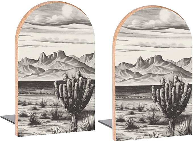 Mountain Desert Texas Book Ends Decorative Wood Bookends for Shelves Kids Room Desk Home Office Book Stoppers for Magazines,Books, DVDs, 1 Pair/2 Pieces(5x3.1 in)