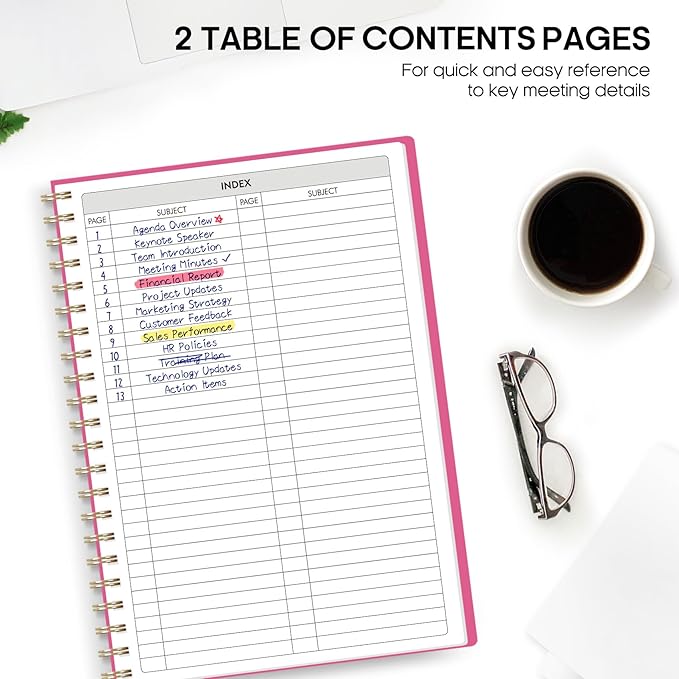 Meeting Notebook for Work Organization - Work Planner Notebook with Action Items, Agenda Planner for Note Taking, 160 Pages (6.9" X 9.9") Project Organizer for Men & Women - Berry Pink