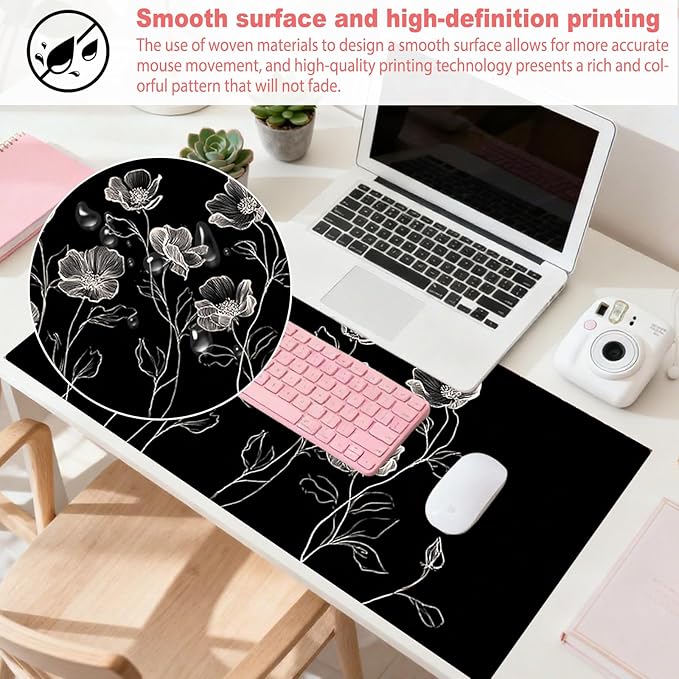 Nuxovilar Professional Large Mouse Pad & Computer Game Mouse Mat (35.4x15.7IN, Black & White Floral Line Art) (90 * 40cm Floral Line Art)