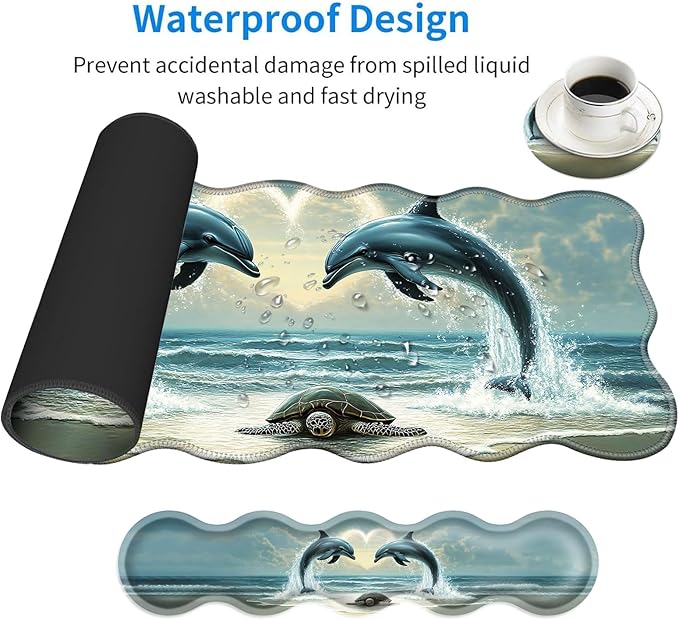 Large Mouse Pad and Keyboard Wrist Rest, Desk Pad for Keyboard and Mouse, 4-in-1 Large Gaming Mouse Pad with Wrist Support, Desk Mat for Home Office Study Game-Dolphins and Sea Turtle