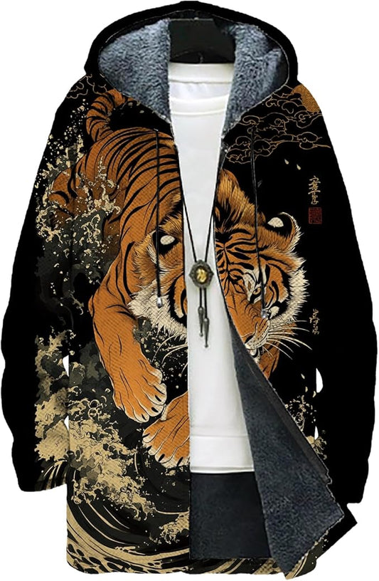 MARSVOVO Mens Cardigan Sweater Cool Graphic Lined Fleece Long Coat Zip With Pockets Fashion Coat Warm Fitted Jacket