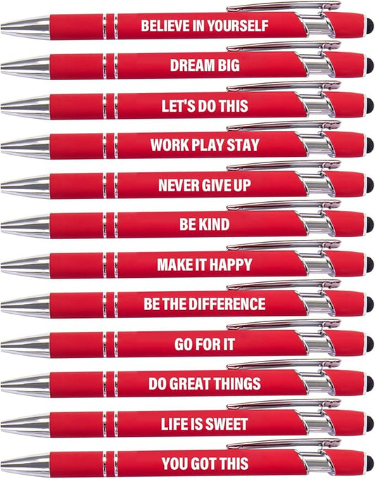 12 Pcs Red Fine Point Ballpoint Pens with Motivational Quotes and Stylus Tips