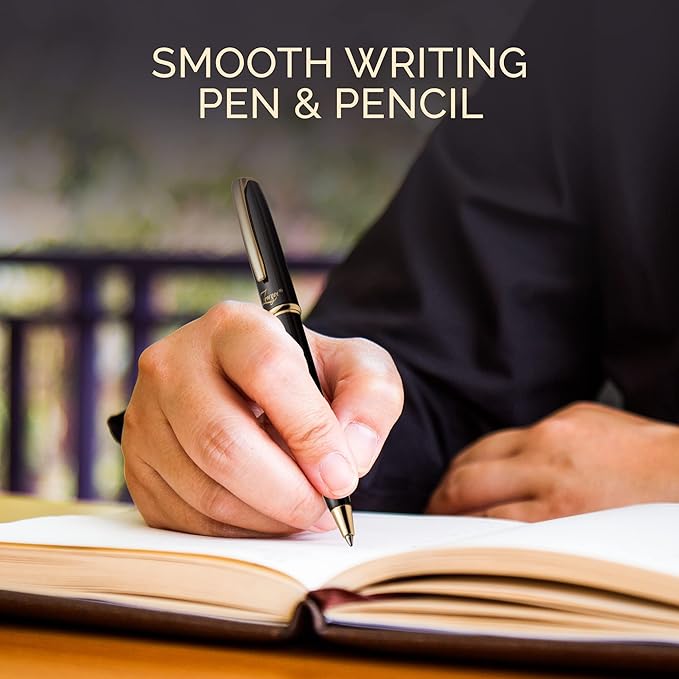 ZenZoi Luxury Black Pen & Pencil Set - Metal, Retractable Executive Ballpoint & Mechanical Pencil 0.7 MM - Fancy, Quality Gift Set for Men, Women - Professional, Office Writing Instruments