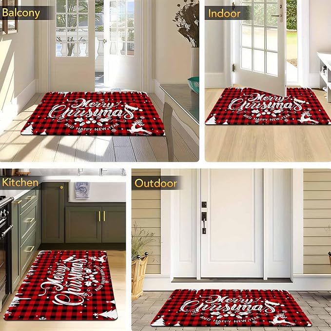 Merry Chirstmas Doormat Buffalo Plaid Door Mat for Front Door, Front Porch Rugs Easy Clean Welcome Mats Outdoor Rug Indoor Outdoor Winter Decor, 18" x 30"Inch