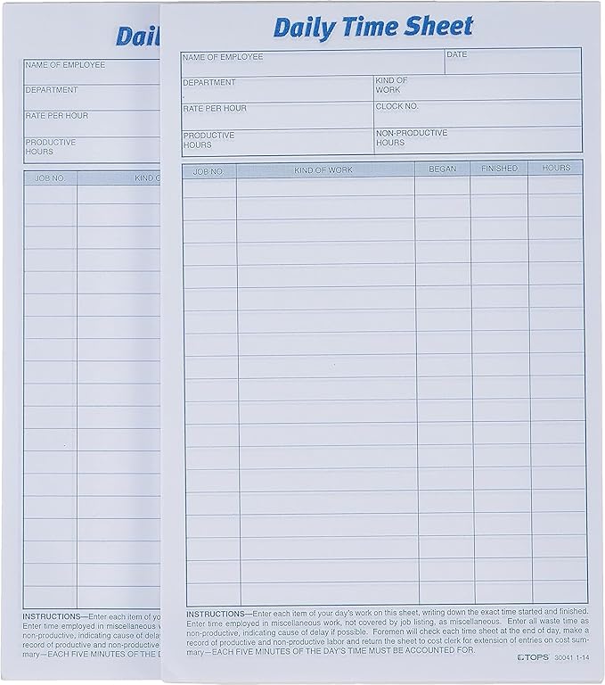 TOPS Daily Employee Time And Job Sheet, 6 x 9.5 Inches, 100 Sheets per Pad, 2 Pads/Pack (30041)