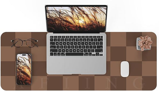 Non-Slip Checkered Desk Mat, Waterproof PU Leather Protector, Large Blotter, Easy Clean Laptop Writing Mat for Work/Home/Decor (Brown 31.5" x 12")