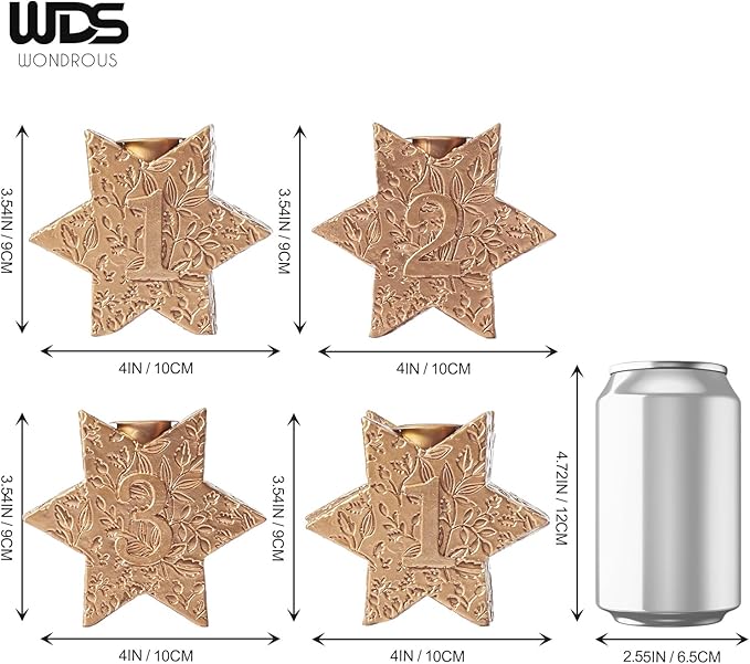 WDS WONDROUS Christmas Candle Holders Set of 4 – Gold Hexagon Snowflake Candlestick Holder, Taper Candle Holders for Christmas Table Centerpieces, Xmas Home Decor