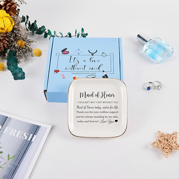 Maid of Honor Gifts Ring Jewelry Dish - Maid of Honor Today, Sister for Life, Bridesmaid Proposal Gifts for Wedding Day Matron of Honor Gifts from Bride