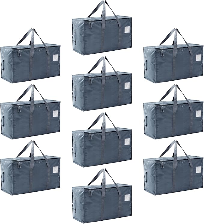 Moving Bags Heavy Duty Extra Large, Moving Boxes, Moving Supplies Essentials, Storage Bins with Lids, Plastic Packing Totes, Storage Bags for Clothes with Handles & Zippers(Grey, 10 Pack)