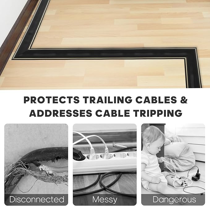 10ft Large Black Floor Cord Cover, Self-2" (W) x 0.6"(H), Cable Cavity:0.8"(W) x 0.4"(H), Adhesive Power Cable Protector, Silicone Cord Protector, Cord Management, Cord Concealer and Cable Hider