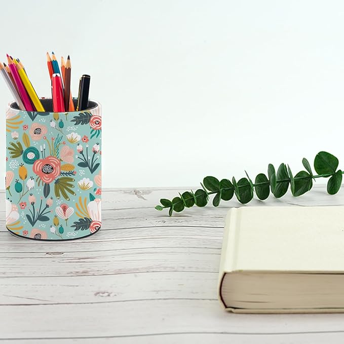 Mint Flowers Pen Holder Pencil Organizer Cute Pencil Cup Desk Decor Makeup Brush Holder PU Multifunctional Office Suppliesfor Home Classroom School