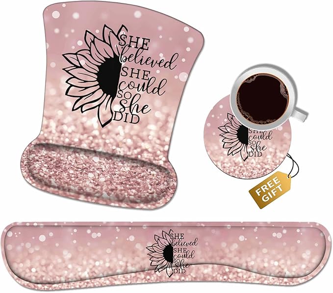Mouse Pad Wrist Support and Keyboard Wrist Rest Set with Coasters, She Believed She Could So She Did Inspirational Quote Wrist Mouse Pad with Non-Slip PU Base for Home Office Working Studying