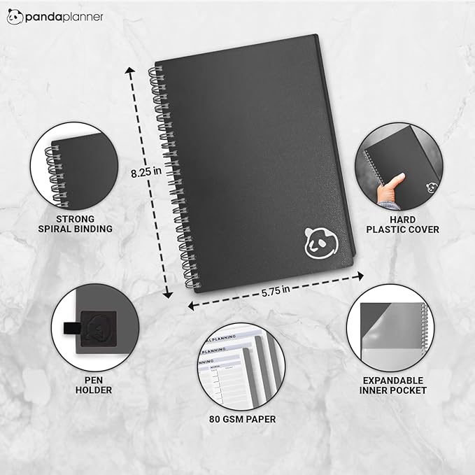 Panda Planner 2025-2026 Undated Daily Planner 5.75" x 8.25" – 90-Day Spiral Academic & Productivity Planner with Hourly Schedule, Habit Tracker, To-Do List & Monthly Calendar – ADHD-Friendly Panda Journal (Gray)