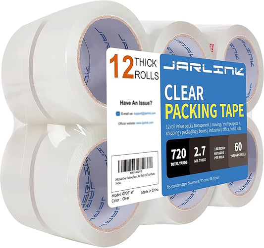 JARLINK Clear Packing Tape (12 Rolls), Heavy Duty Packaging Tape for Shipping Packaging Moving Sealing, 2.7mil Thick, 1.88 inches Wide, 60 Yards Per Roll, 720 Total Yards