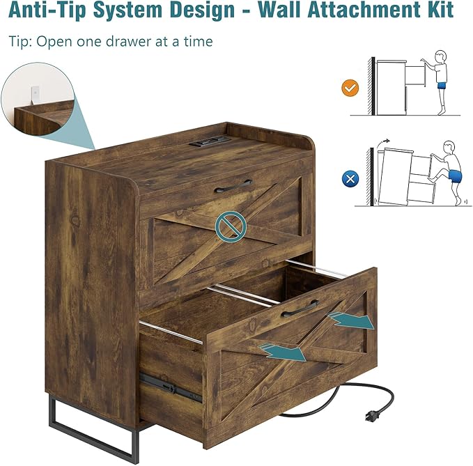 Lateral File Cabinet 2 Drawer File Cabinet with Charging Station for Legal/Letter/A4 Size Hanging Files, Large Wood File Storage Cabinets Printer Stand for Home Office, Rustic Brown