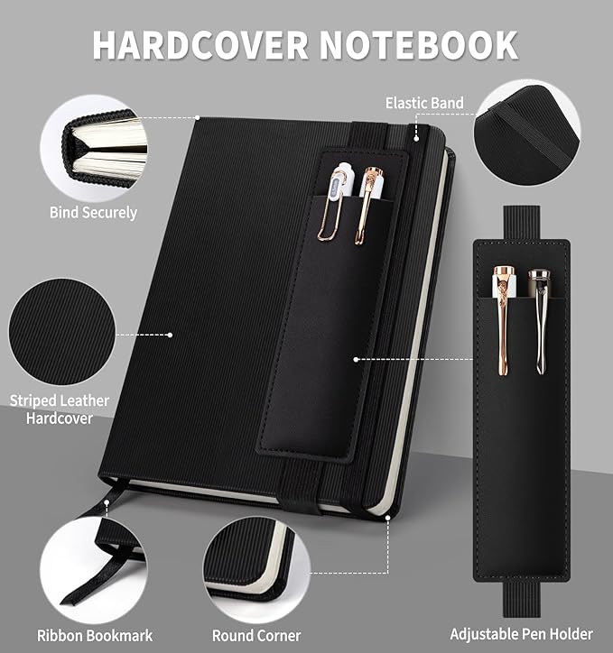 Lined Journal Notebook for Work, A5 Leather Notebook with Pen Sleeve, 100GSM/160 Pages Thick Paper, Daily Journals for Writing, School, Note Taking, Business, Travel, College Ruled