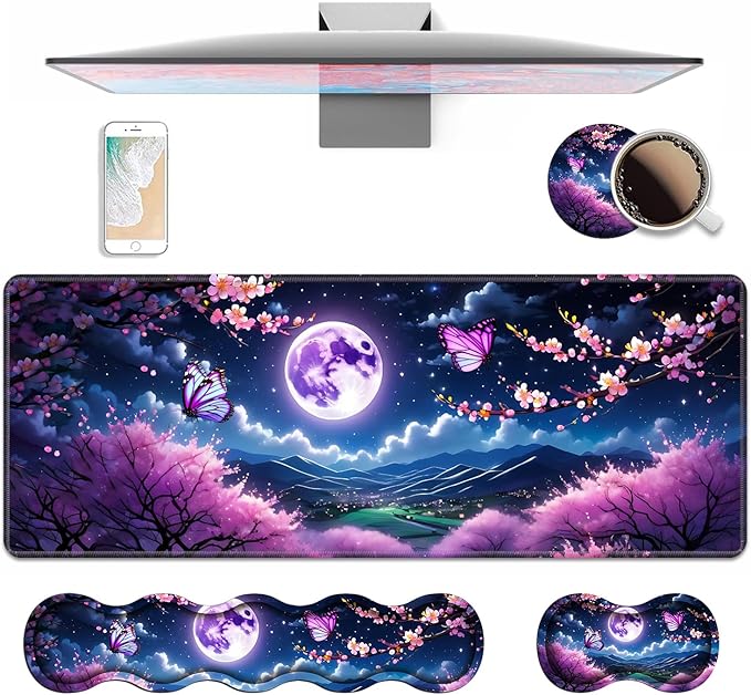 4 in 1 Ergonomic Keyboard Wrist Rest & Mouse Pad Wrist Rest Set, Large XXL Gaming Desk Mat 31.5"x 11.8" with Non-Slip Base, Memory Foam for Home Office Study Gaming, Moon Cherry Blossom Butterfly
