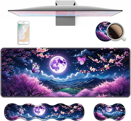 4 in 1 Ergonomic Keyboard Wrist Rest & Mouse Pad Wrist Rest Set, Large XXL Gaming Desk Mat 31.5"x 11.8" with Non-Slip Base, Memory Foam for Home Office Study Gaming, Moon Cherry Blossom Butterfly