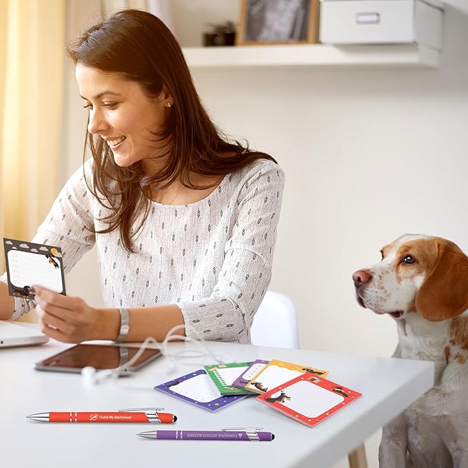 Geyee 24 Pcs Dachshund Sticky Notes with Funny Pens Fun Notepads for Adults Dog Lover 3 x 4 Inch to Do List Notepads with Sayings Pen for Christmas Lab Week Gifts Home Office Supplies