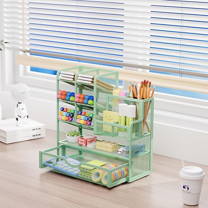 Marbrasse Mesh Pen Holder for Desk, Multi-Functional Pencil Organizer with Drawer, Desk Organizers and Accessories for Office Art Supplies (Green)