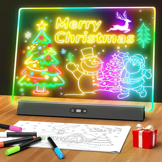 LED Note Board with Colors, Rechargeable 17-Inch Doodle Glow 9-Mode Light Up Desk Sign Letter Message Memo Drawing Dry Erase Board for Classroom/Home Decor/Office/Gifts, 5 Markers & Tracing Book