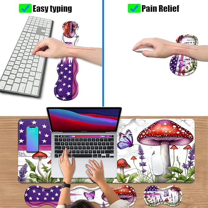 4 in 1 Ergonomic Keyboard Wrist Rest & Mouse Pad Wrist Rest Set, Large XXL Gaming Desk Mat 31.5"x 11.8" with Non-Slip Base, Memory Foam for Home Office Study Gaming, American Flag Mushroom Butterfly