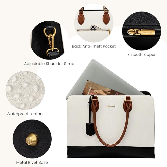 LOVEVOOK Laptop Bag for Women, Work Tote Bags 17.3 inch Computer Bags for Laptops for Women Purse, Large Vintage PU Leather Waterproof Business Office Briefcase, Beige Black Brown