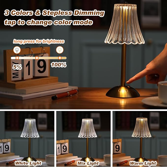 Liliful 8 Pcs LED Portable Cordless Table Lamp Touch Battery Operated Rechargeable Gold Desk Lamp 3 Color Dimmable for Bedroom Living Room Dining (Gold,Rose Style)
