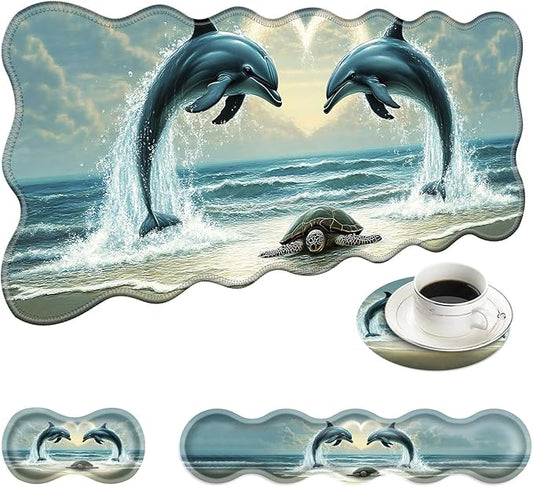 Large Mouse Pad and Keyboard Wrist Rest, Desk Pad for Keyboard and Mouse, 4-in-1 Large Gaming Mouse Pad with Wrist Support, Desk Mat for Home Office Study Game-Dolphins and Sea Turtle