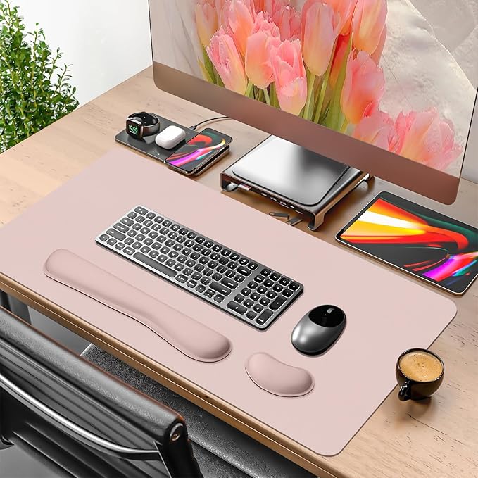 Mouse Pad and Keyboard Wrist Rest, Large Keyboard and Mouse Pad Set, Ergonomic Mousepad with Wrist Rest, Non-Slip Desk Mat Protector for Office, Home (31.5×15.7 Inches, Pink)