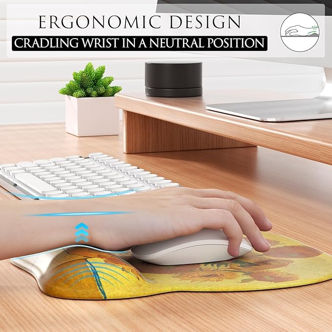 MROCO Ergonomic Mouse Pad with Gel Wrist Rest, Comfortable Mousepad with Smooth Wrist Support Surface and Non-Slip PU Base for Pain Relief, Computer, Laptop, Office & Home, 9.4 x 8.1 in, Sunflower